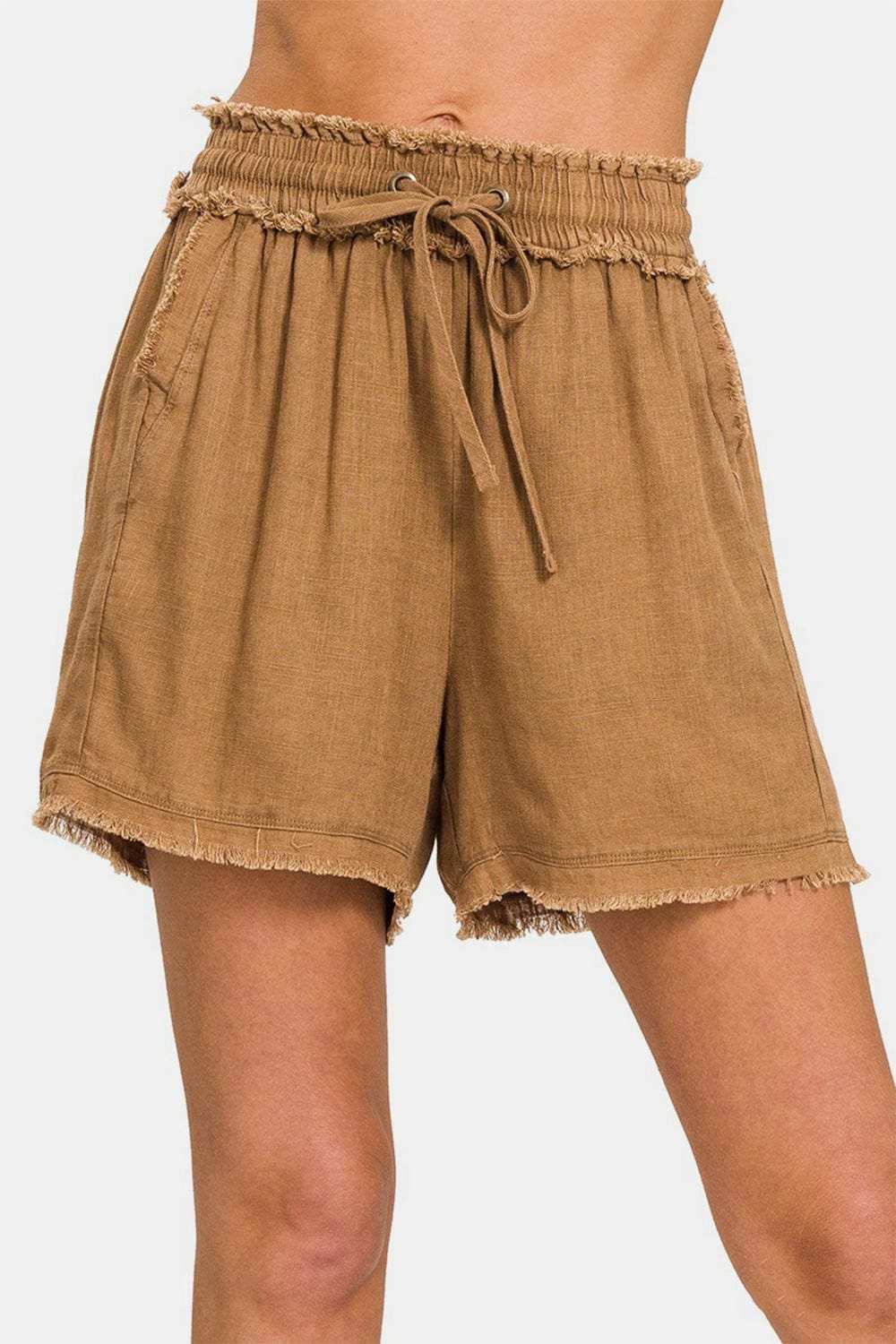 Zenana Washed Linen Frayed Hem Drawstring Shorts - Trendsi - Flyclothing LLC