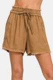 Zenana Washed Linen Frayed Hem Drawstring Shorts - Trendsi - Flyclothing LLC