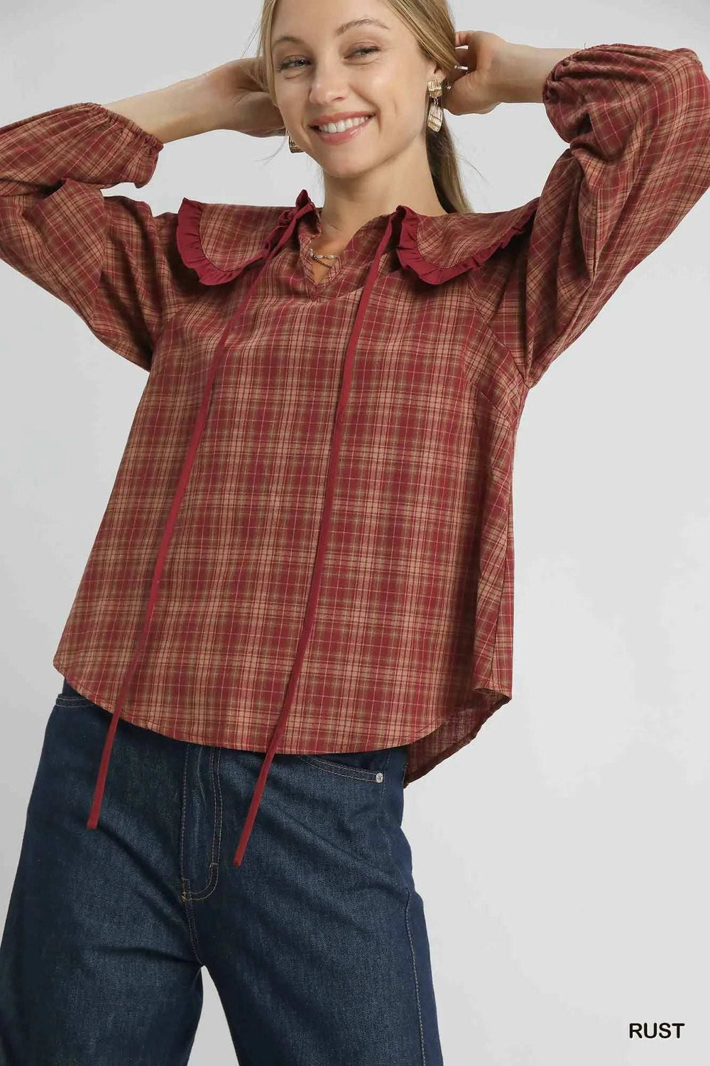 Umgee Full Size Plaid Ruffle Collar Blouse Plus Size - Trendsi - Flyclothing LLC