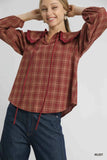 Umgee Full Size Plaid Ruffle Collar Blouse Plus Size - Trendsi - Flyclothing LLC