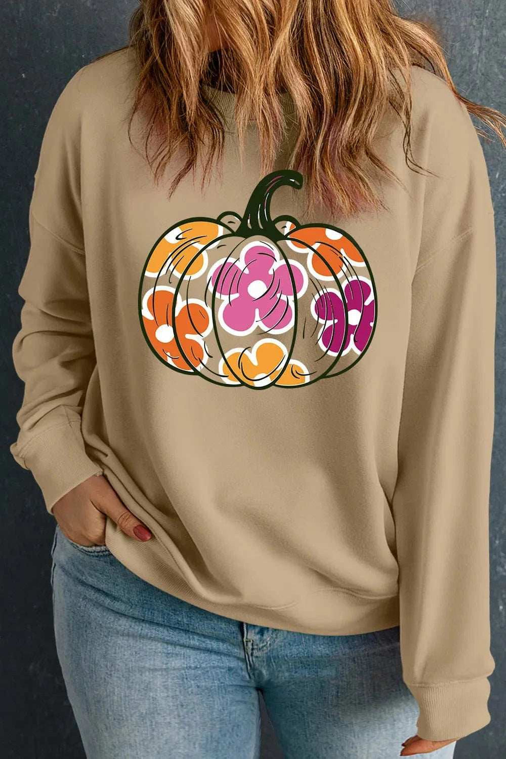 Plus Size Pumpkin Graphic Dropped Shoulder Sweatshirt - Trendsi - Flyclothing LLC