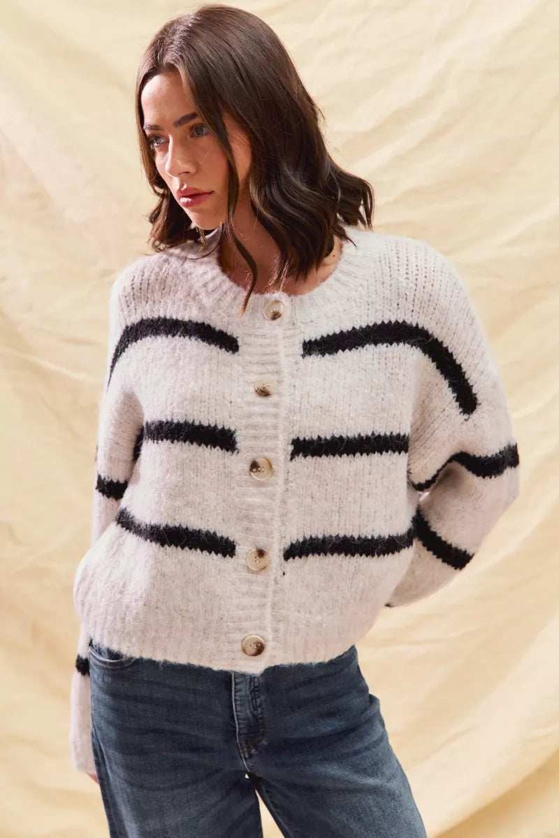 SO ME Stripe Soft Touch Button Cozy Sweater Cardigan - Trendsi - Flyclothing LLC