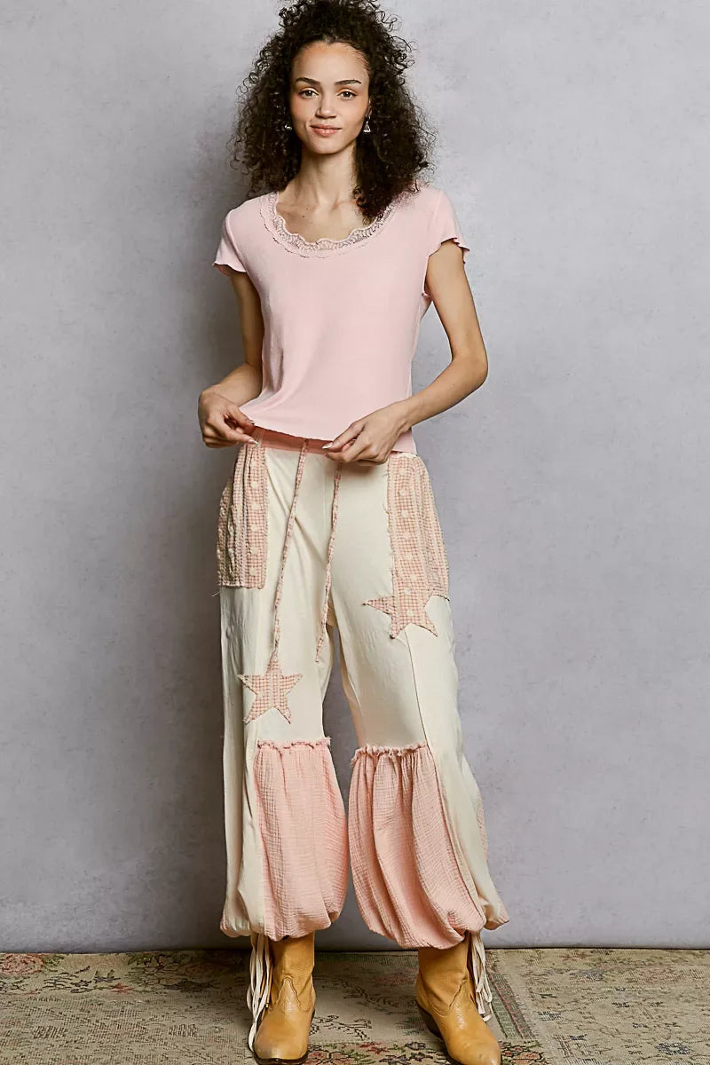 POL Round Neck Short Sleeve Crop T-Shirt with Lace Trim - Trendsi - Flyclothing LLC