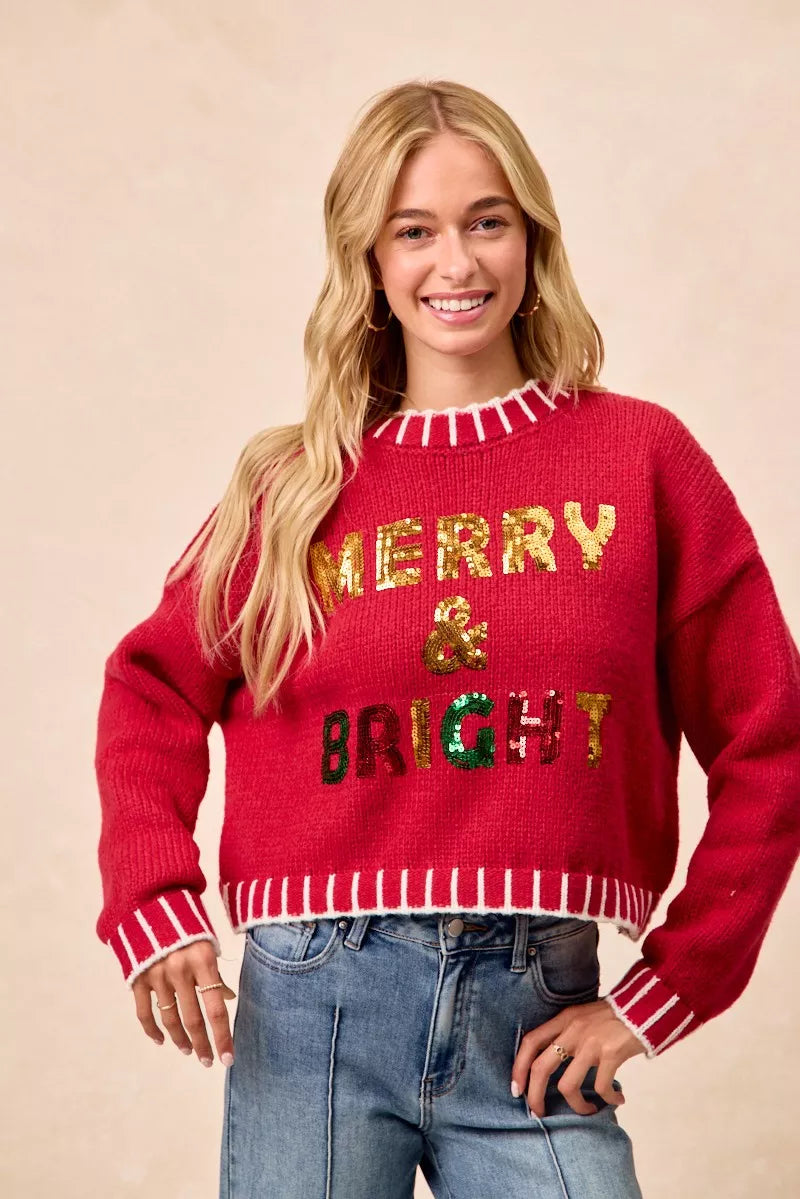 BiBi Christmas Theme Sequin Lattering Sweater - Trendsi - Flyclothing LLC