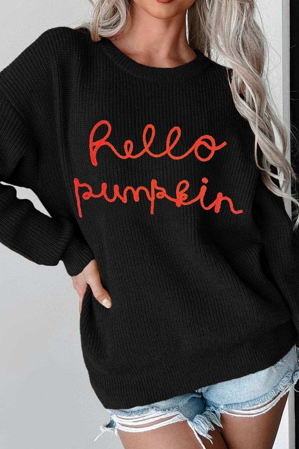 HELLO PUMPKIN Round Neck Long Sleeve Sweater - Trendsi - Flyclothing LLC