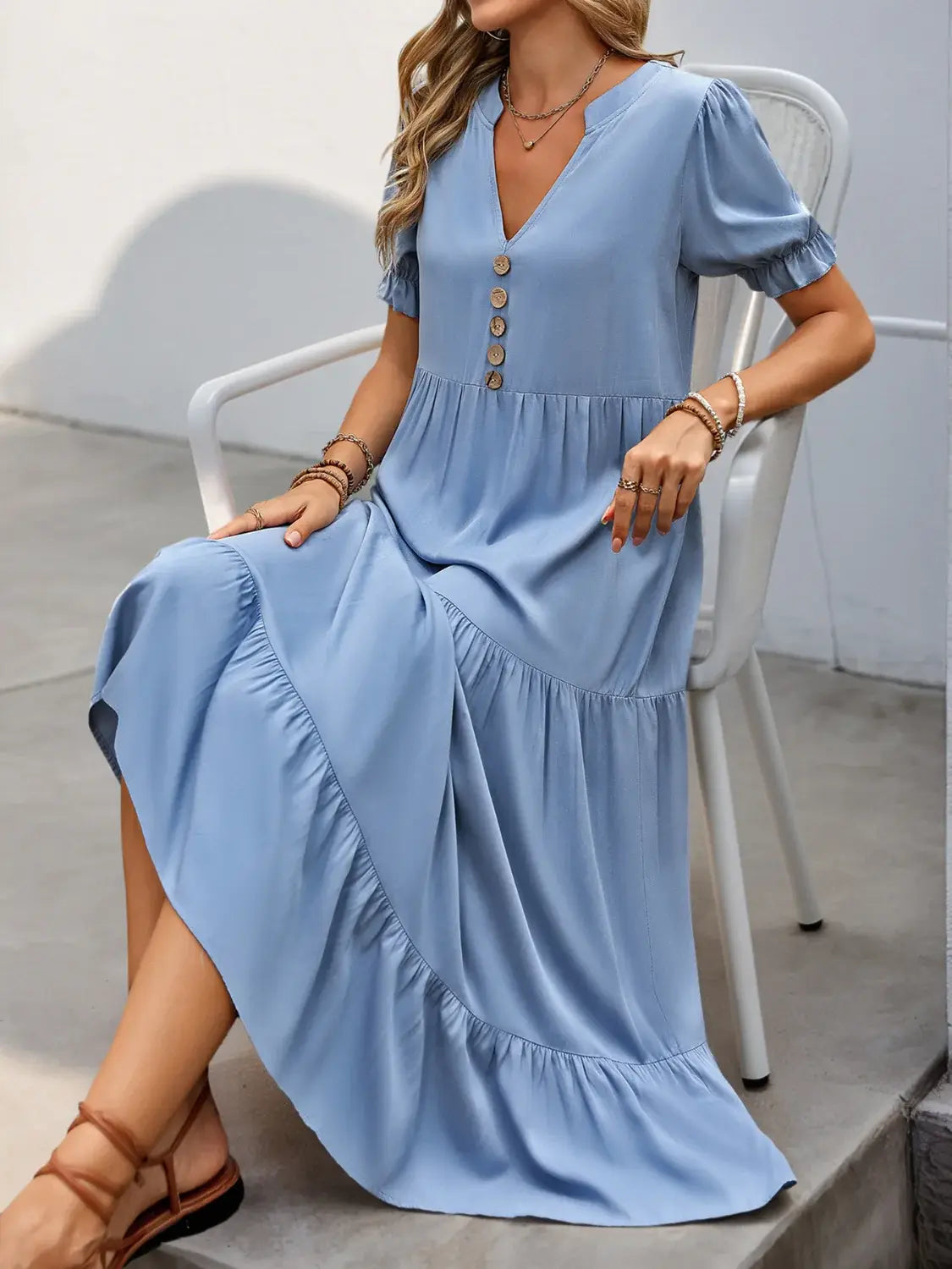 Tiered Notched Short Sleeve Dress