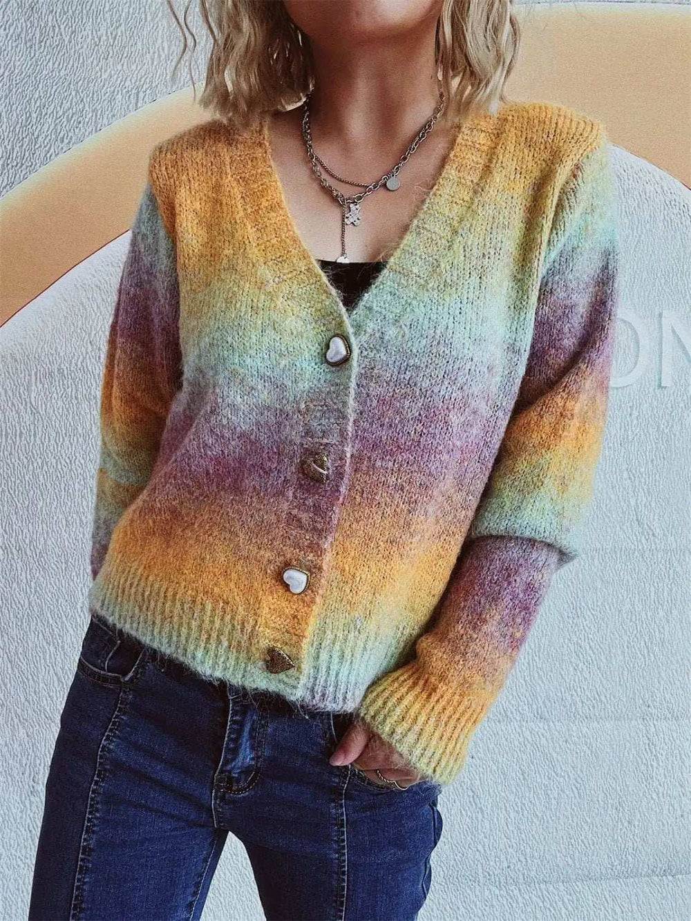Gradient Heart Shape Button V-Neck Cardigan - Trendsi - Flyclothing LLC