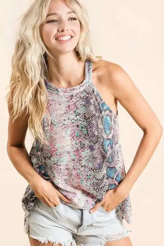 BiBi Snakeskin Print Low Gauge Hacci Knit Halter - Trendsi - Flyclothing LLC