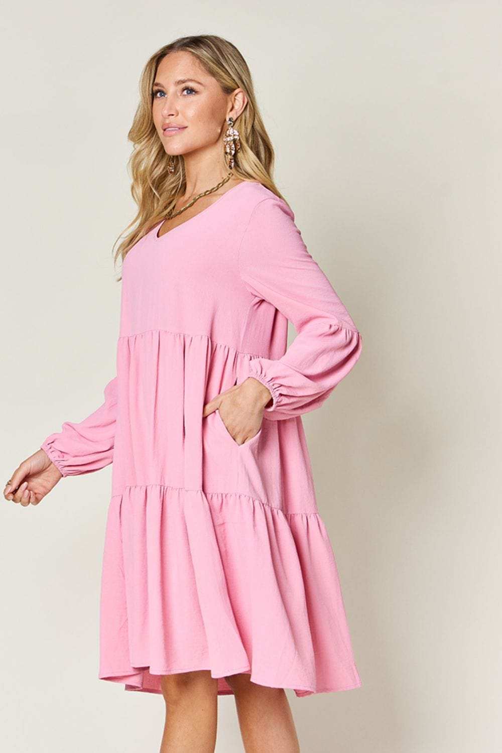 Double Take Full Size V-Neck Balloon Sleeve Tiered Dress - Trendsi - Flyclothing LLC