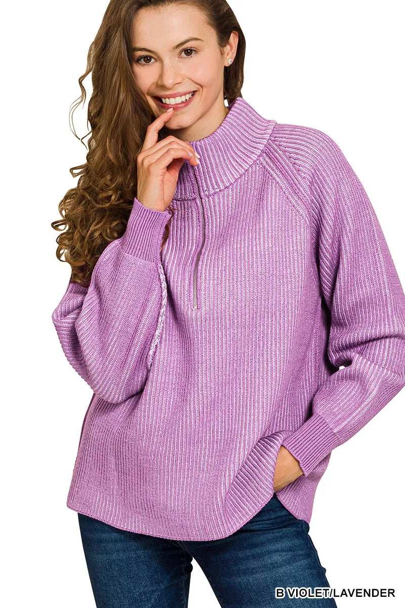 Zenana Ribbed Two Tone Half Zip Sweater - Trendsi - Flyclothing LLC