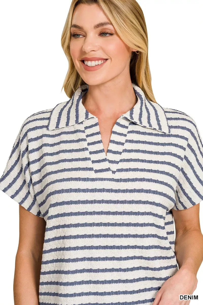 Zenana Striped Split Neck Collared Top - Trendsi - Flyclothing LLC