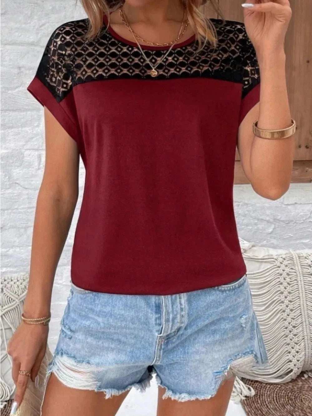 Contrast Lace Round Neck Short Sleeve Blouse - Trendsi - Flyclothing LLC