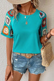 Geometric Round Neck Short Sleeve Blouse - Trendsi - Flyclothing LLC