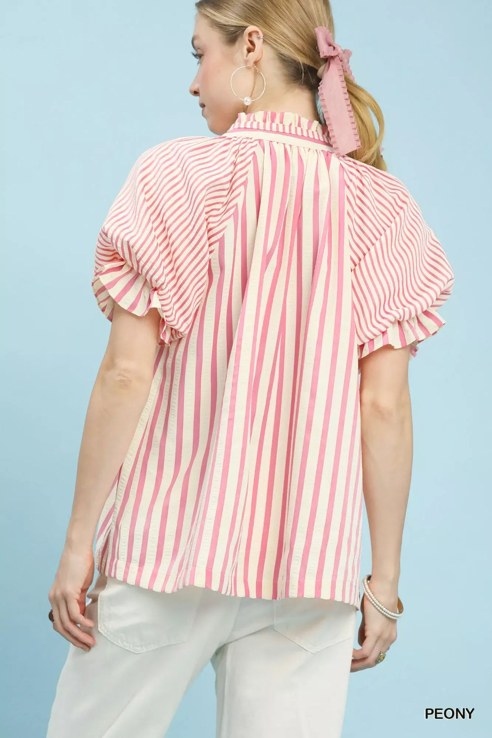 Umgee Striped Notched Top with Short Flutter Sleeves - Trendsi - Flyclothing LLC