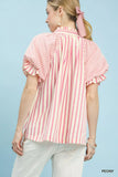 Umgee Striped Notched Top with Short Flutter Sleeves - Trendsi - Flyclothing LLC
