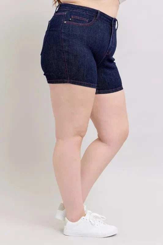 Judy Blue Full Size High Waist Heart Shaped Pkts & Red Contrast Thread Denim Shorts Plus Size - Trendsi - Flyclothing LLC