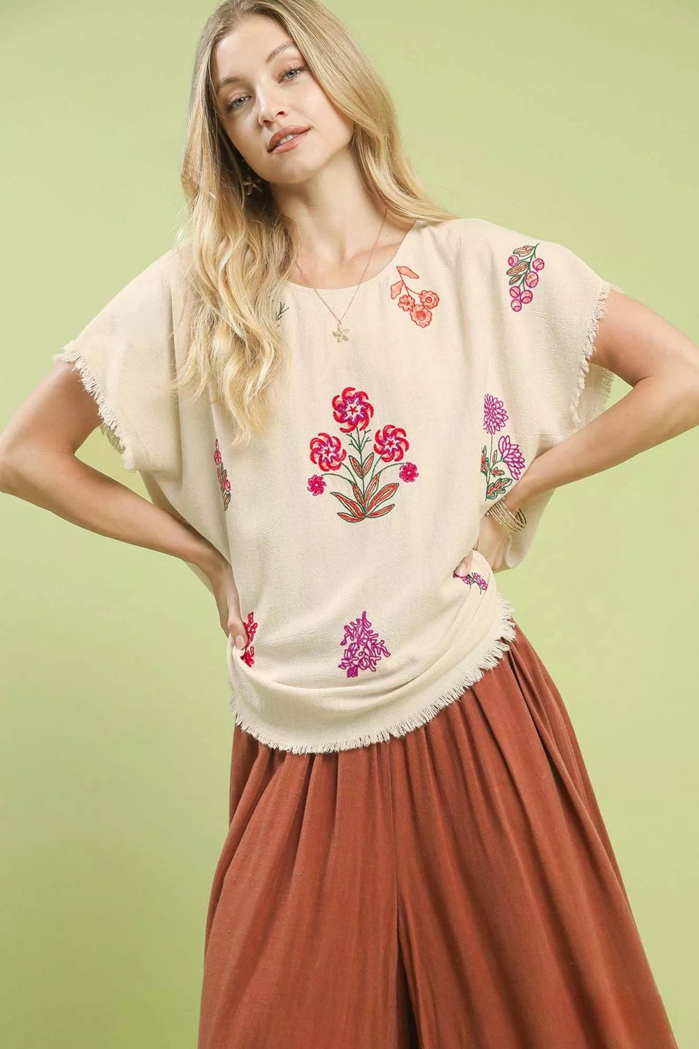 Umgee Linen Blend Embroidered Frayed Hem Top - Trendsi - Flyclothing LLC
