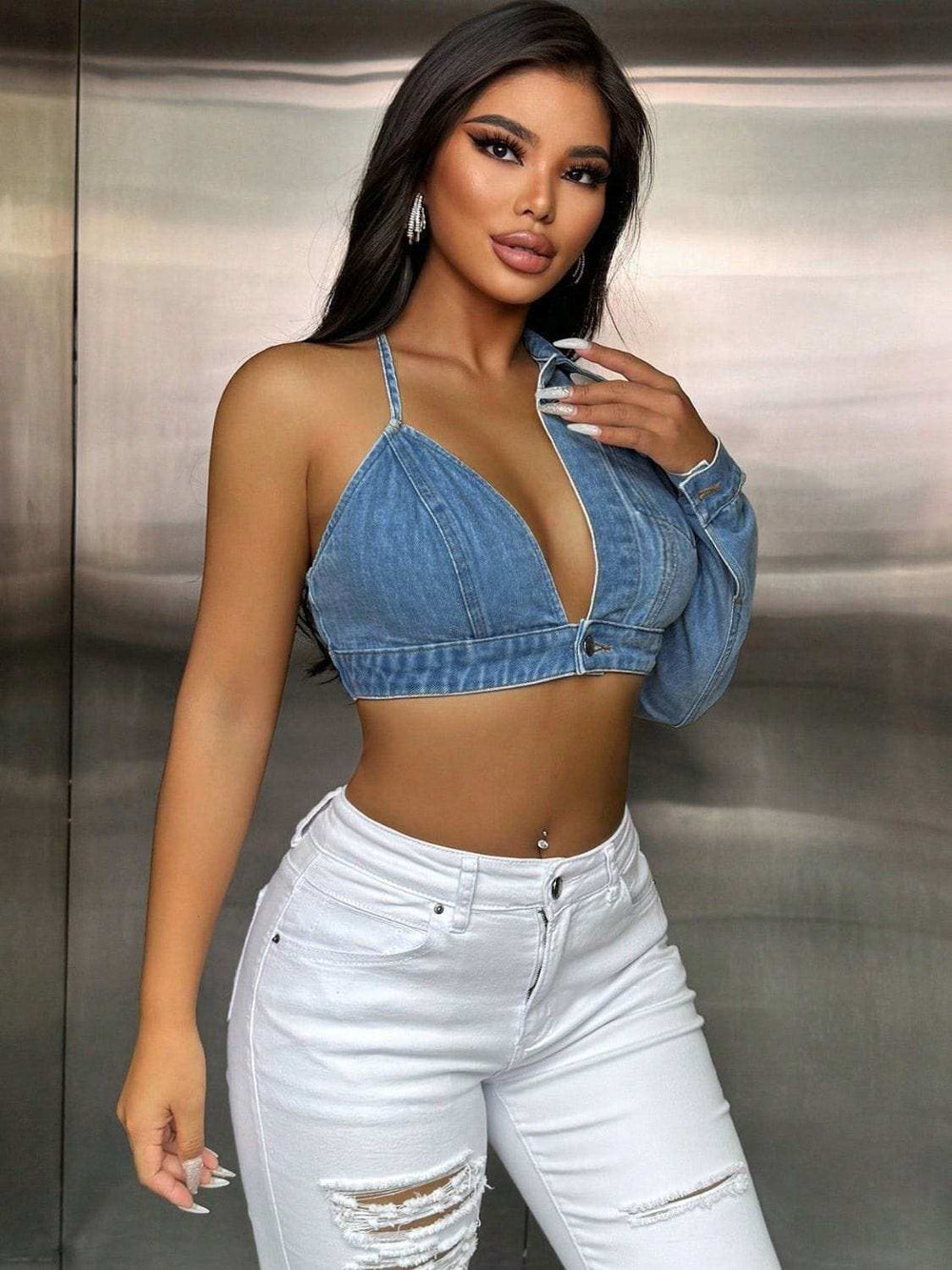 One Shoulder Long Sleeve Cropped Denim Top - Trendsi - Flyclothing LLC