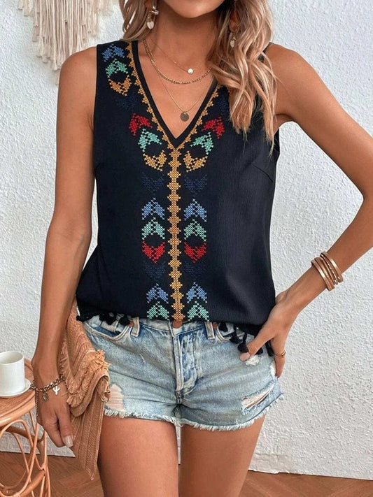 Tassel Printed V-Neck Tank - Trendsi - Flyclothing LLC