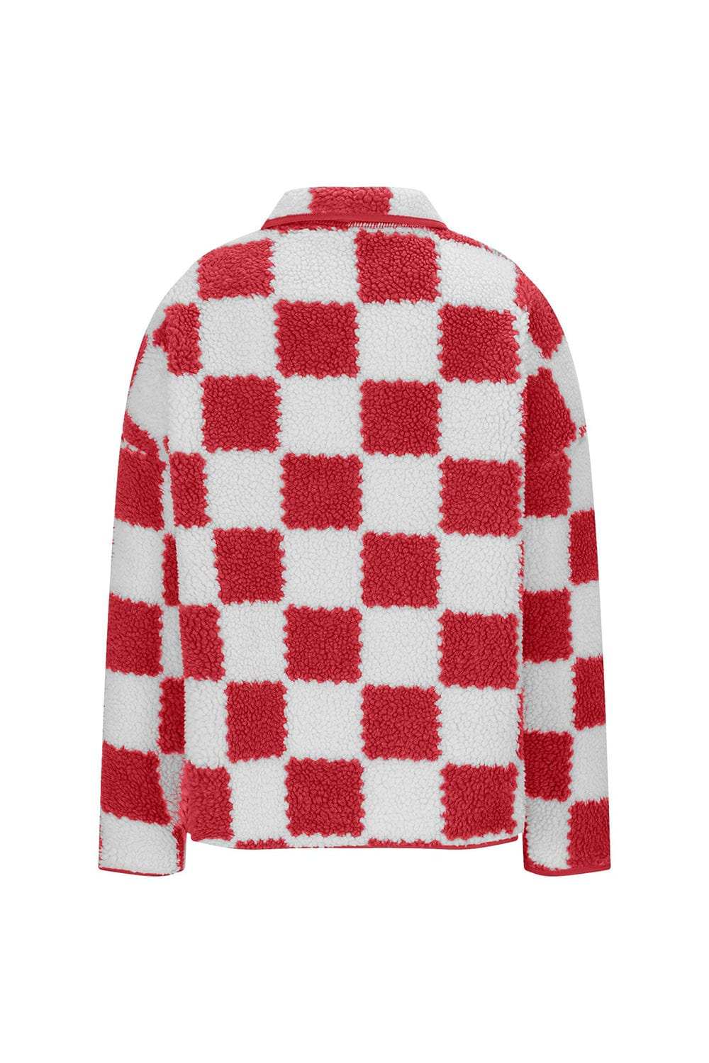 Checkered Snap Down Long Sleeve Teddy Jacket - Trendsi - Flyclothing LLC