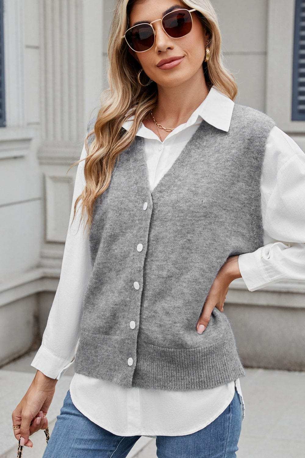 Button Down V-Neck Sweater Vest - Trendsi - Flyclothing LLC