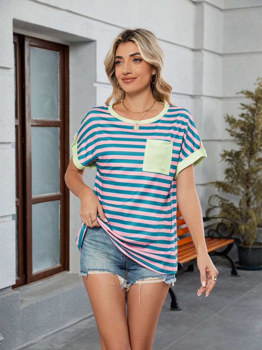 Striped Round Neck Short Sleeve T-Shirt - Trendsi - Flyclothing LLC