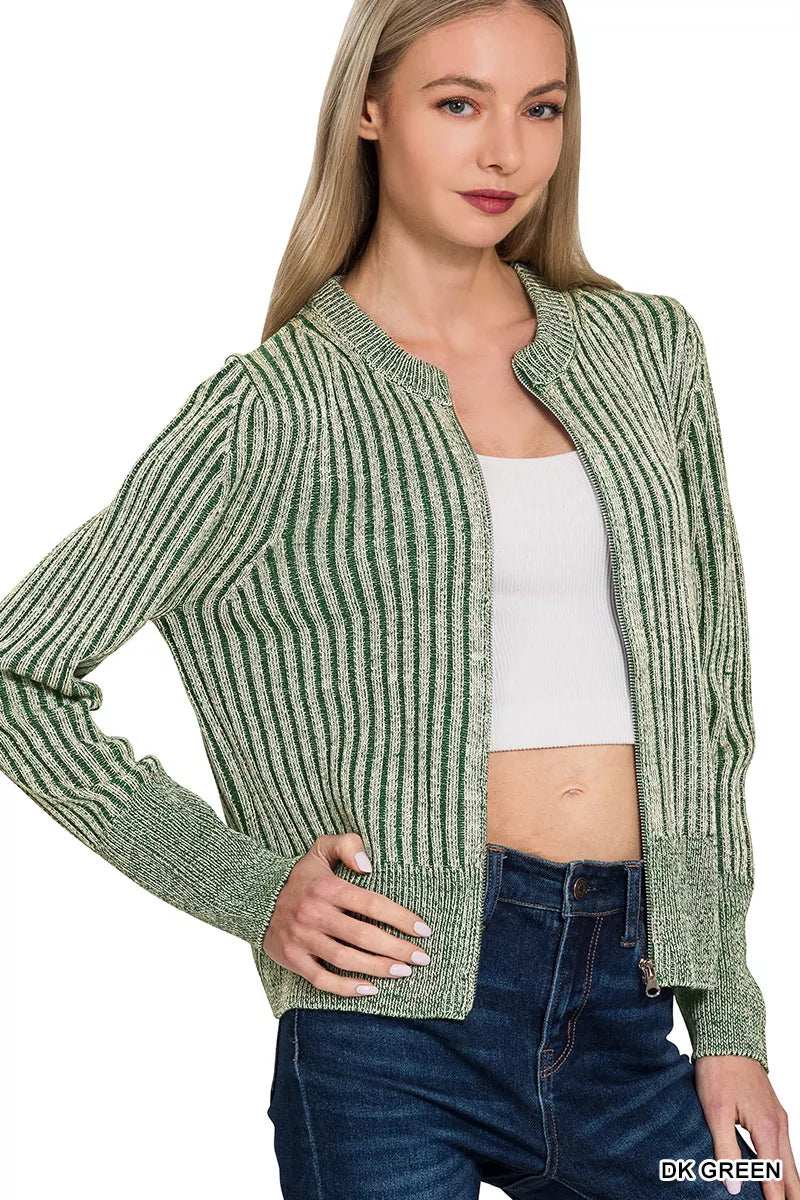 Zenana Ribbed Two Tone Zip Up Sweater Cardigan - Trendsi - Flyclothing LLC