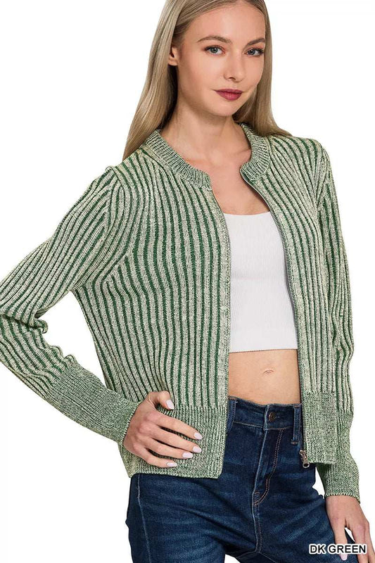 Zenana Ribbed Two Tone Zip Up Sweater Cardigan - Trendsi - Flyclothing LLC