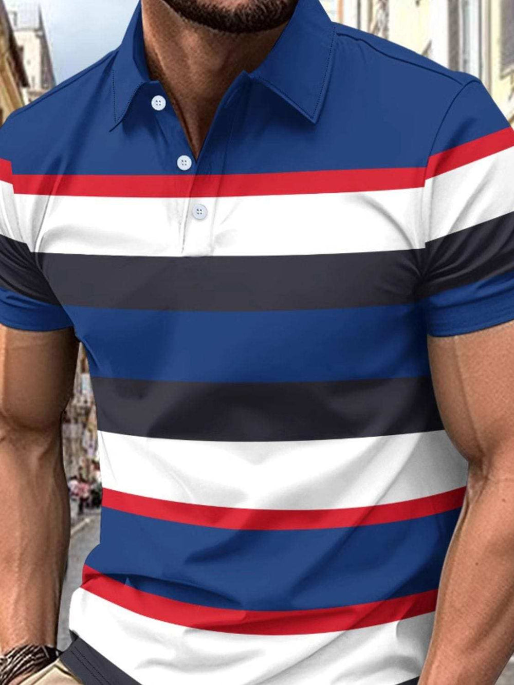 Men's Full Size Collared Short Sleeve Striped Polo Plus Size - Trendsi - Flyclothing LLC