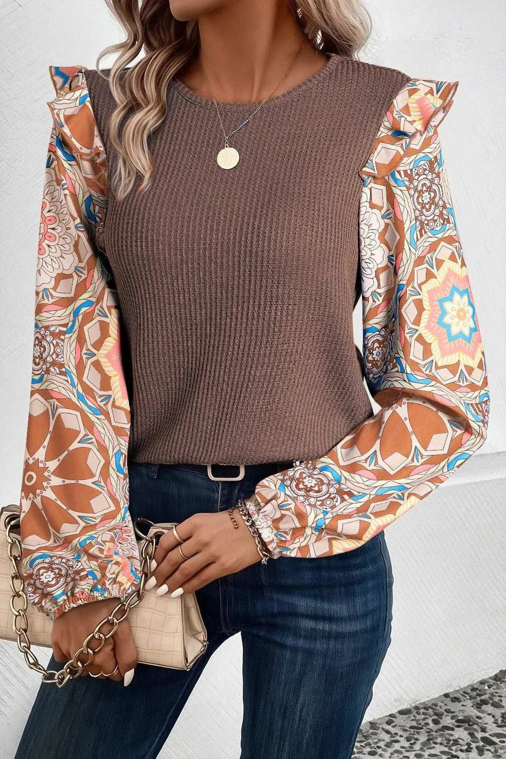 Ruffled Printed Round Neck Long Sleeve Top - Trendsi - Flyclothing LLC