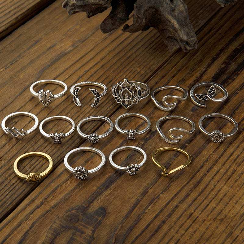 Alloy Multi Shapes 15-Piece Ring Set - Trendsi - Flyclothing LLC