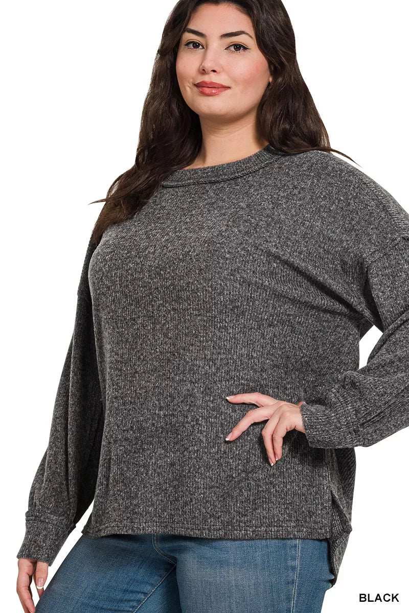 Zenana Full Size Brushed Ribbed Hacci Drop Shoulder Sweater Plus Size - Trendsi - Flyclothing LLC