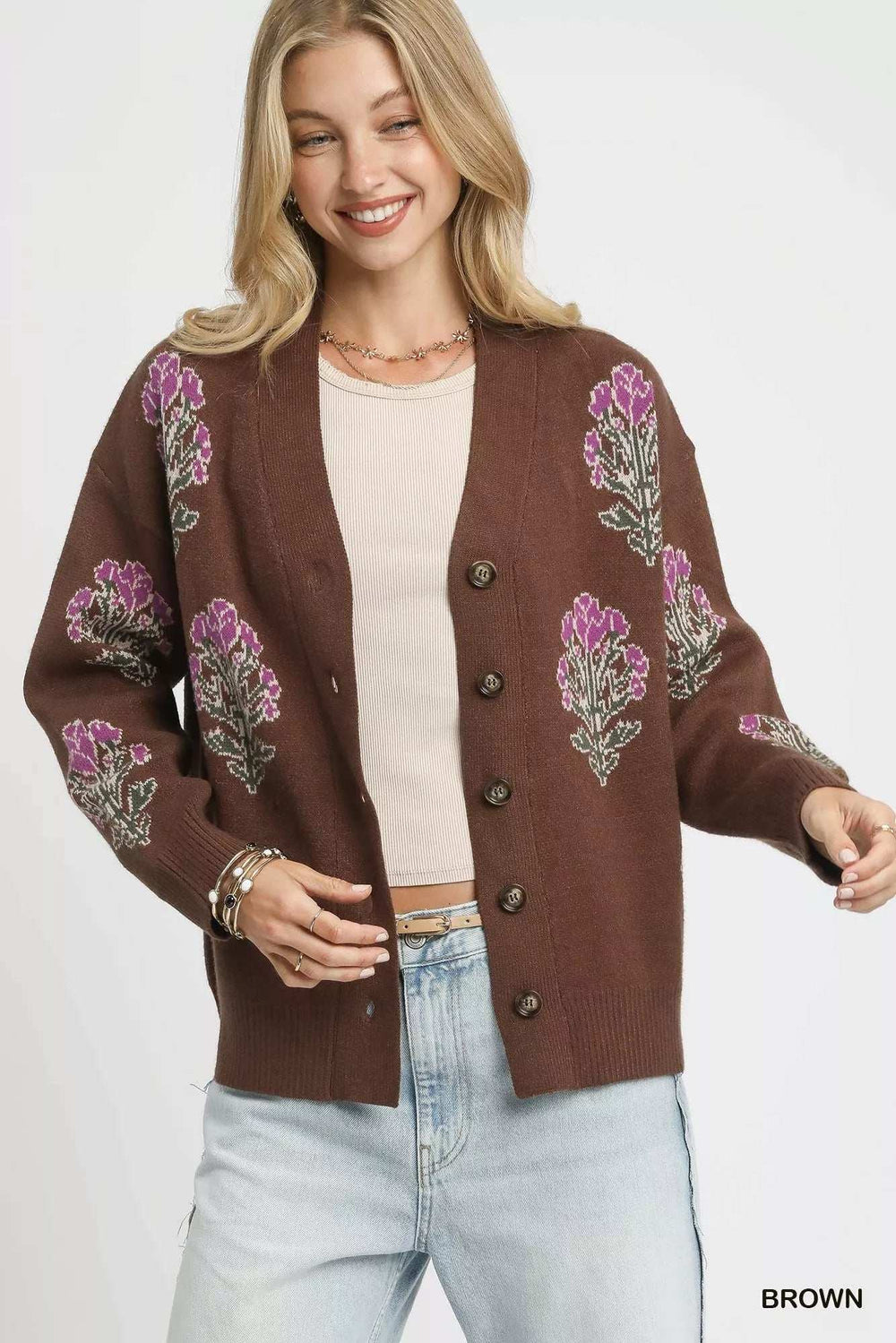 Umgee Single Flower Stem Jacquard Cardigan Sweater - Trendsi - Flyclothing LLC