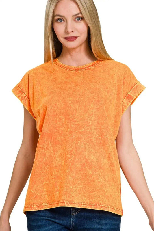 Zenana Crinkle Washed Round Neck Folded Short Sleeve Tee - Trendsi - Flyclothing LLC