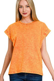 Zenana Crinkle Washed Round Neck Folded Short Sleeve Tee - Trendsi - Flyclothing LLC