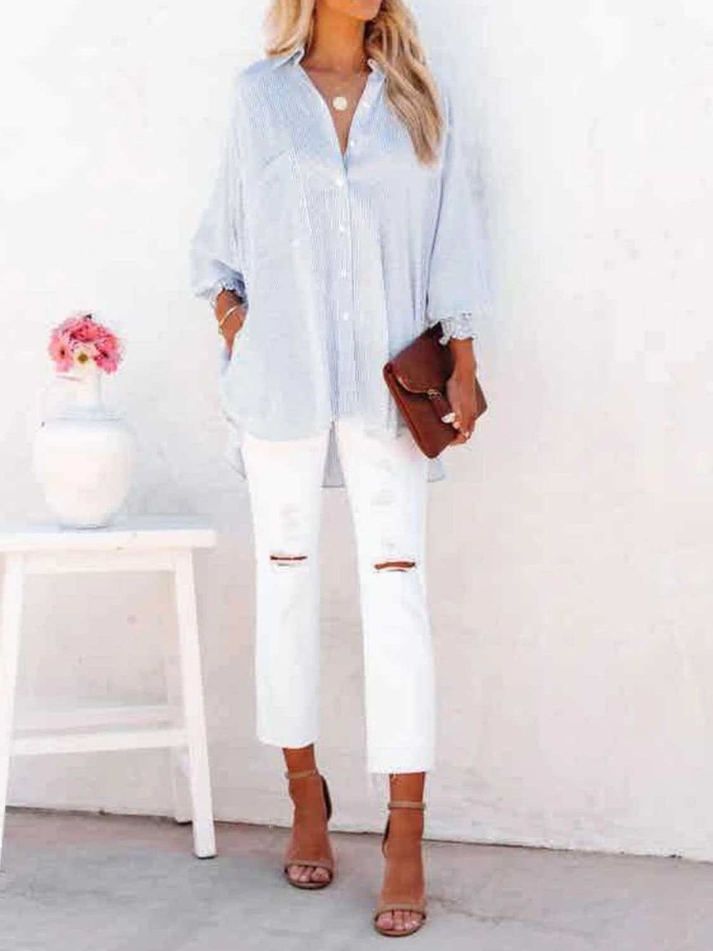 Striped Collared Neck Long Sleeve Shirt - Trendsi - Flyclothing LLC