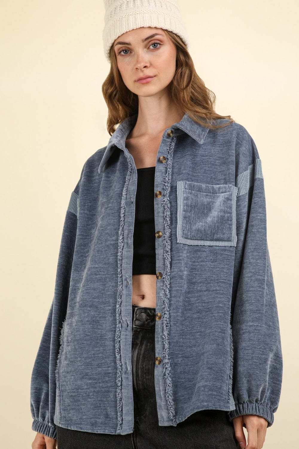 VERY J Mixed Media Button Down Raw Hem Shacket - Trendsi - Flyclothing LLC