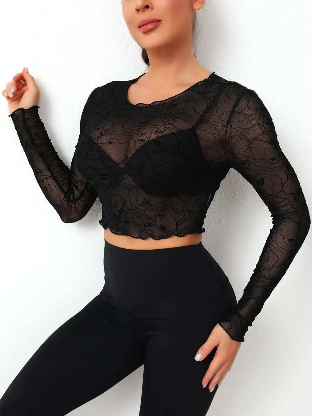 Round Neck Long Sleeve Sheer Top - Trendsi - Flyclothing LLC