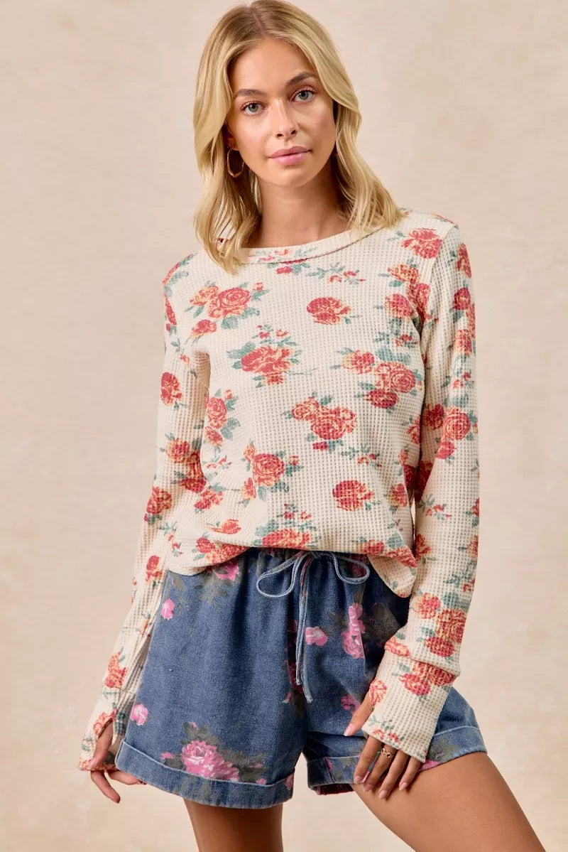 BiBi Floral Print Washed Waffle Thermal Top With Thumb - Trendsi - Flyclothing LLC