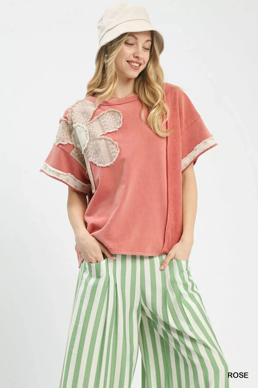 Umgee French Terry Top with Flower Patch - Trendsi - Flyclothing LLC