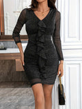 Metallic Ruffled V-Neck Long Sleeve Mini Dress - Trendsi - Flyclothing LLC