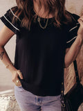 Contrast Trim Dual Ruffle Short Sleeve Textured Blouse - Trendsi - Flyclothing LLC