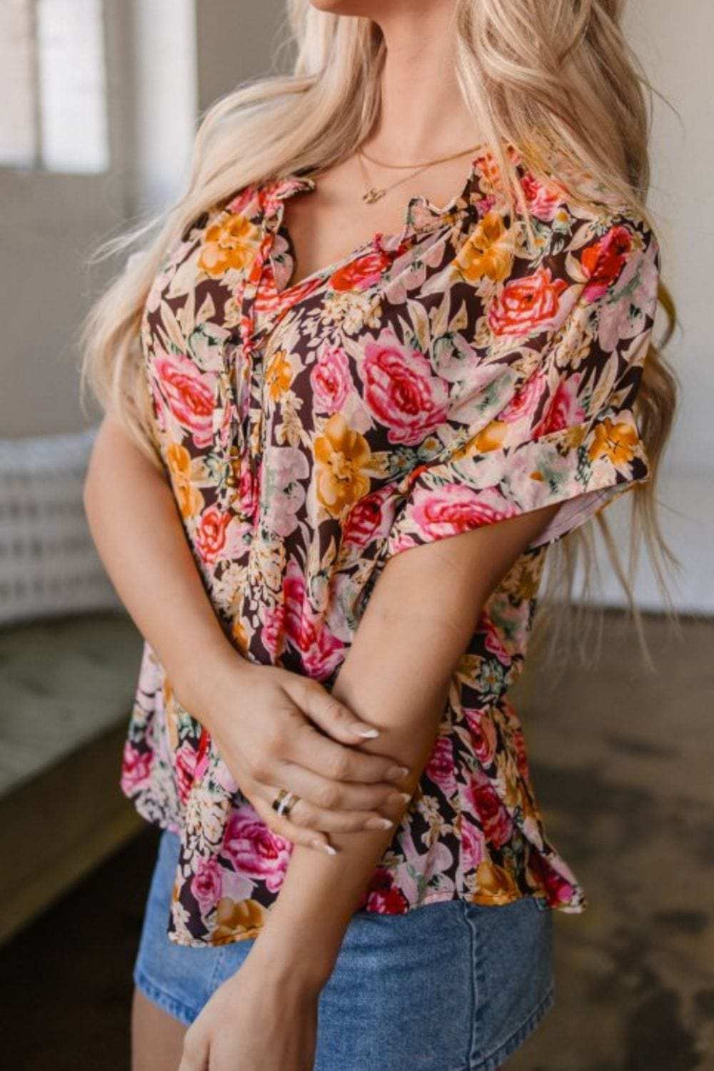 Floral Tie Neck Short Sleeve Blouse - Trendsi - Flyclothing LLC
