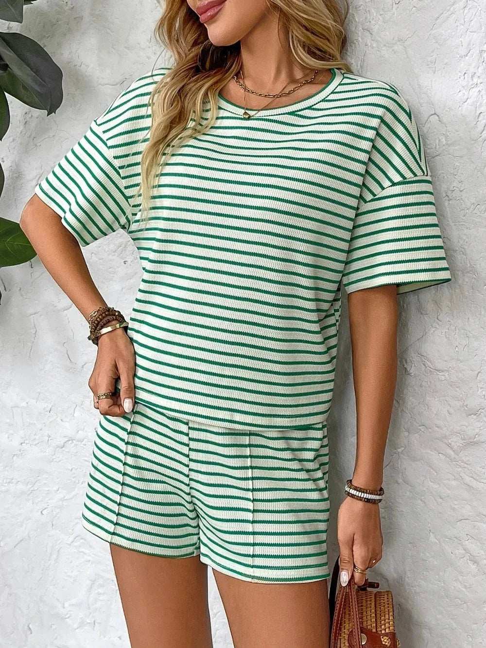 Striped Round Neck Short Sleeve Top and Shorts Set - Trendsi - Flyclothing LLC