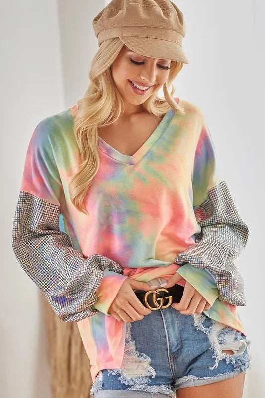 BiBi V Neck Tie Dye French Terry Top with Shiny - Trendsi - Flyclothing LLC
