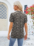Ruched Printed Notched Short Sleeve Blouse - Trendsi - Flyclothing LLC