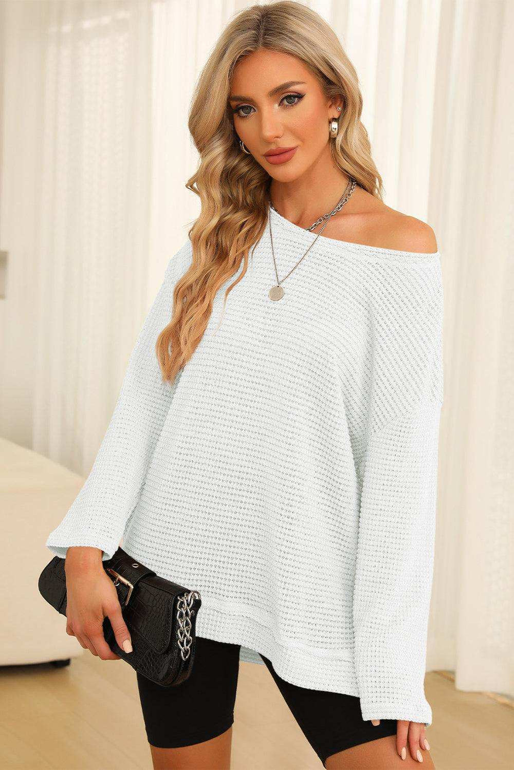 Waffle-Knit Round Neck Long Sleeve Sweatshirt - Trendsi - Flyclothing LLC