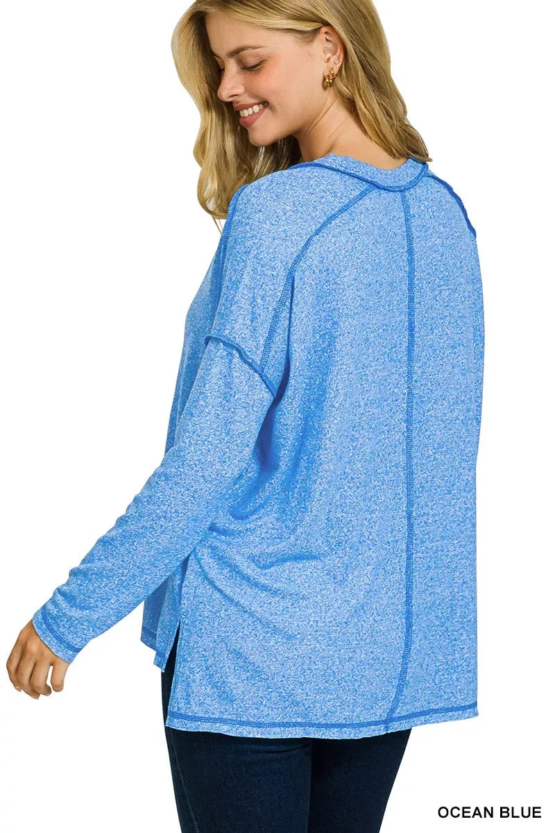 Zenana Soft Melange Hacci Exposed Seam Hi-low Tee - Trendsi - Flyclothing LLC
