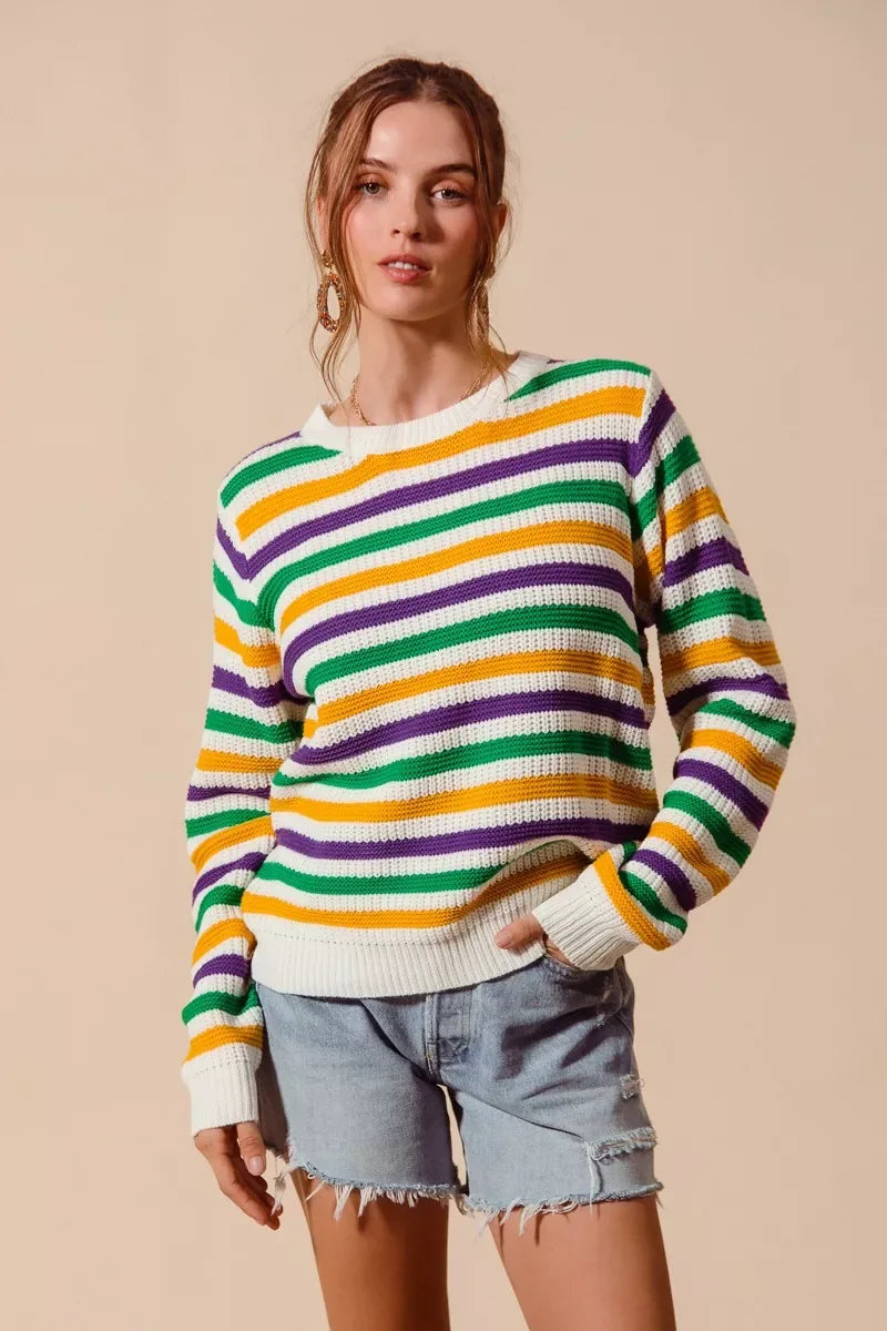 SO ME Mardi Gras Color Stripe Knit Sweater Top - Trendsi - Flyclothing LLC