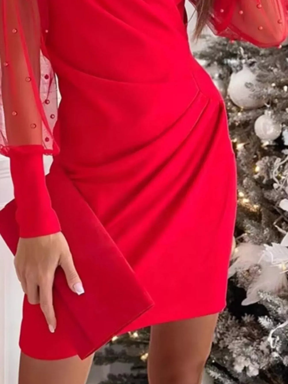 Floral Applique Mesh Sleeve Bodycon Dress - Trendsi - Flyclothing LLC